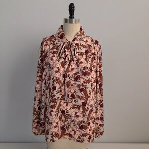 Ann Tylor Romantic Floral Tie-Neck Blouse XL
